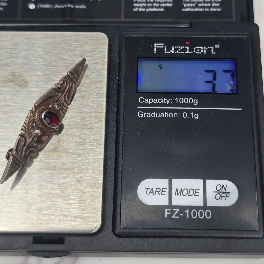 Vintage Sterling Silver 925 Garnet Bar Brooch Art Nouveau Leaf Scroll Pin 3.7g - Picture 9 of 9
